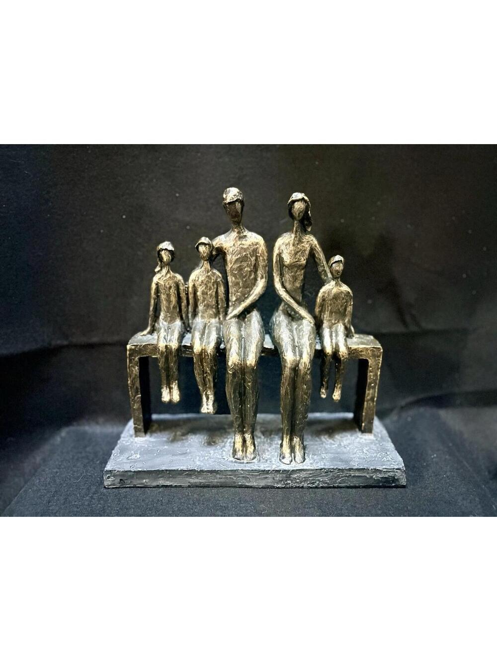 Contemporary Family of Five On Bench Bronzed Polyresin Heavy Sculpture